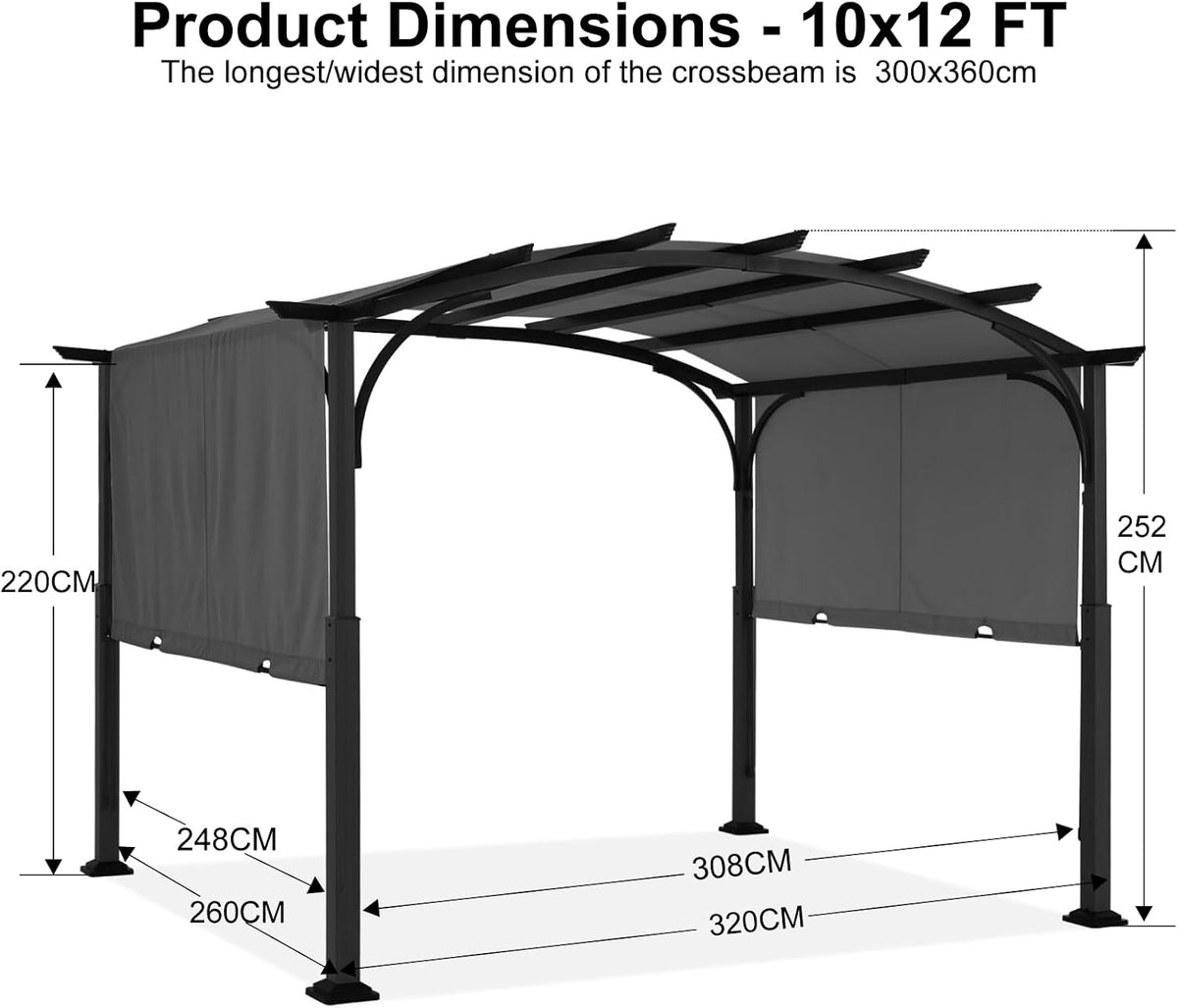 ABCCANOPY Outdoor Pergola 10'x12', Arched Patio Gazebo with Retractable Sun Shade, Dary Gray