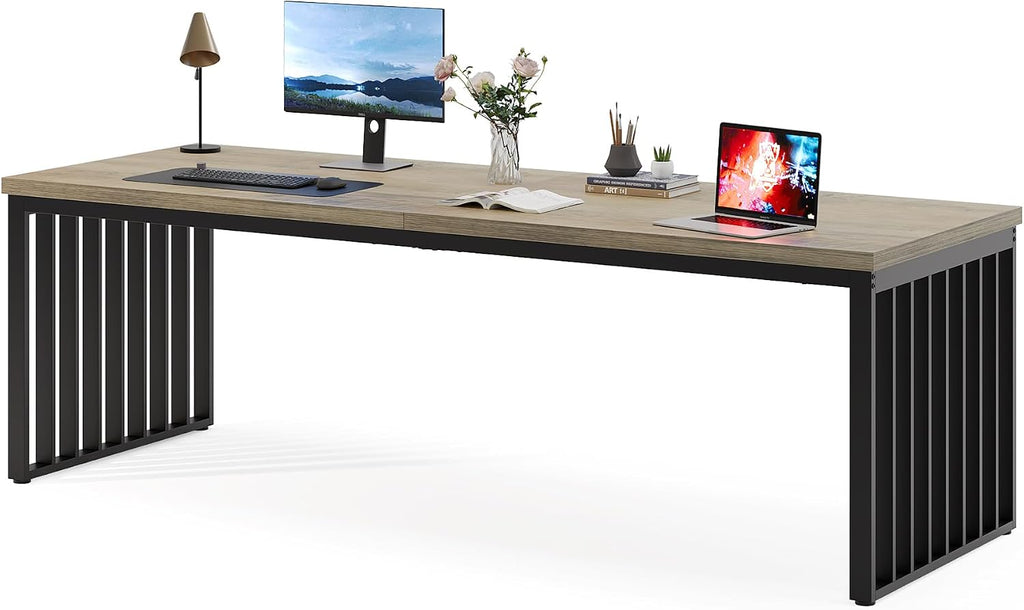 Tribesigns 78.74' Extra Long Computer Desk 2 Person Desk, Double Long Desk with Heavy Duty Metal Frame, Double Workstation Study Table for Home Office, Brown (Without Chair) (Gray & Black)