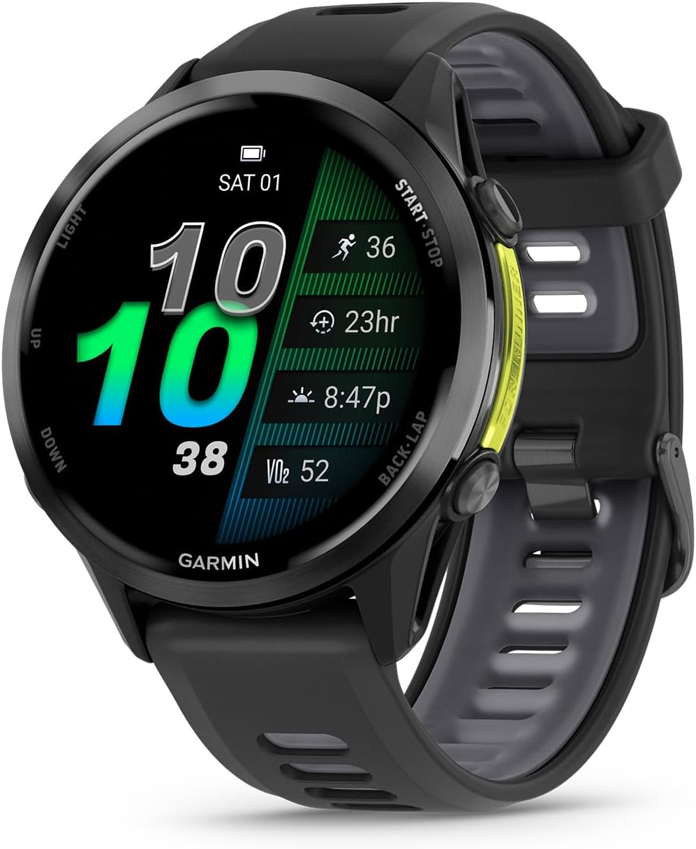 Garmin Forerunner 970 Running Smartwatch, GPS Fitness Smart Watch for Men and Women, Carbon Gray DLC Titanium with Black Case and Black/Translucent Whitestone Band Bundle with P-Bank + More