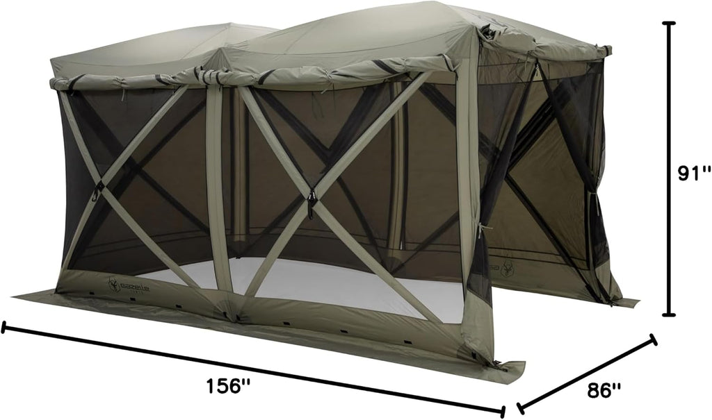 Gazelle Tents™ Tandem Gazebo, Easy Pop-Up Hub Screen Tent, Durable, TriTech Mesh, Waterproof, UV Resistant, 10-Person, Agave Green, 89' x 86' x 156', GG800AG