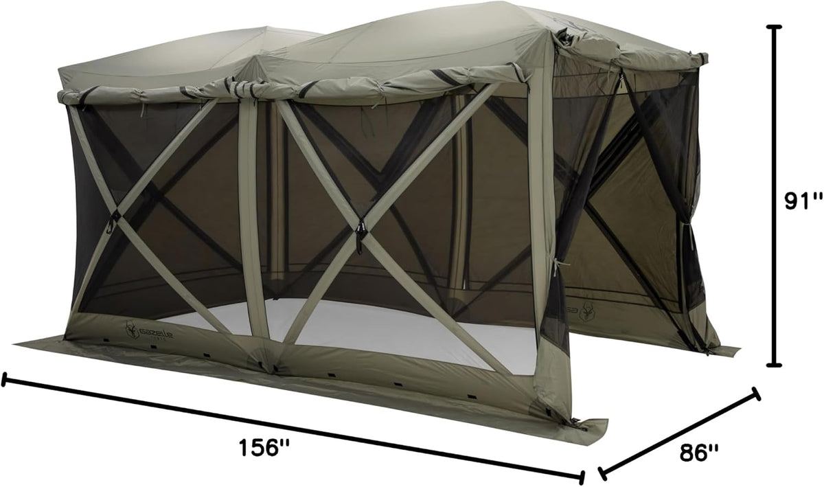 Gazelle Tents™ Tandem Gazebo, Easy Pop-Up Hub Screen Tent, Durable, TriTech Mesh, Waterproof, UV Resistant, 10-Person, Agave Green, 89' x 86' x 156', GG800AG