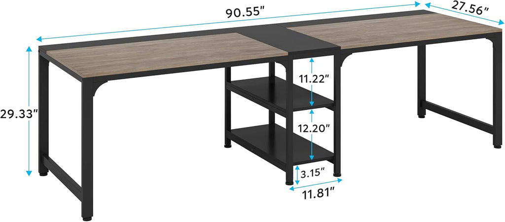 Tribesigns 90.55'' 2 Person Desk with Storage Shelves, Double Computer Desk with Spacious Desktop, Extra Long Study Writing Table Workstation for Home Office (Black & Gray)