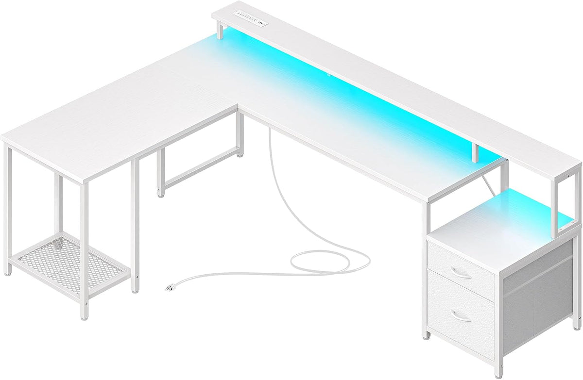 PRAISUN 66' L Shaped Gaming Desk with LED Lights & Power Outlets, Computer Desk with Fabric Drawers and Print Stand, Corner Office Desk, Monitor Stand, Mesh CPU Stand, White