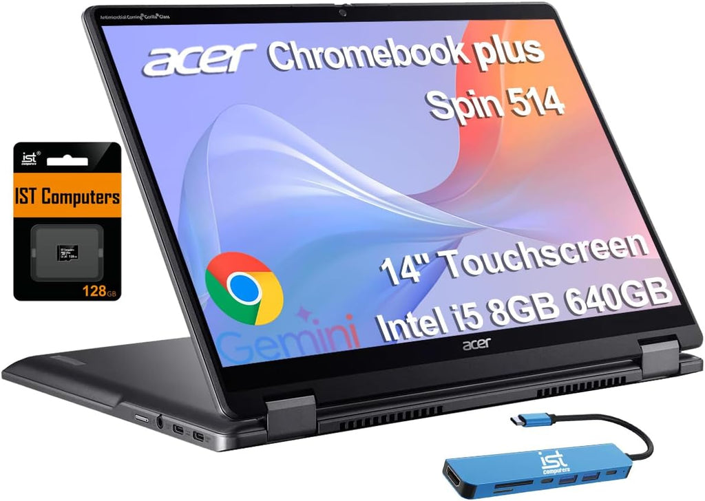 Acer Chromebook Plus Spin 514 2-in-1 Laptop (14' FHD+ Touchscreen, Intel Core i5-1334U, 8GB DDR5, 640GB (512GB SSD+128GB SD Card)), Backlit KB, 1080p Webcam, Wi-Fi 6E, IST HUB, Chrome OS w/Google AI