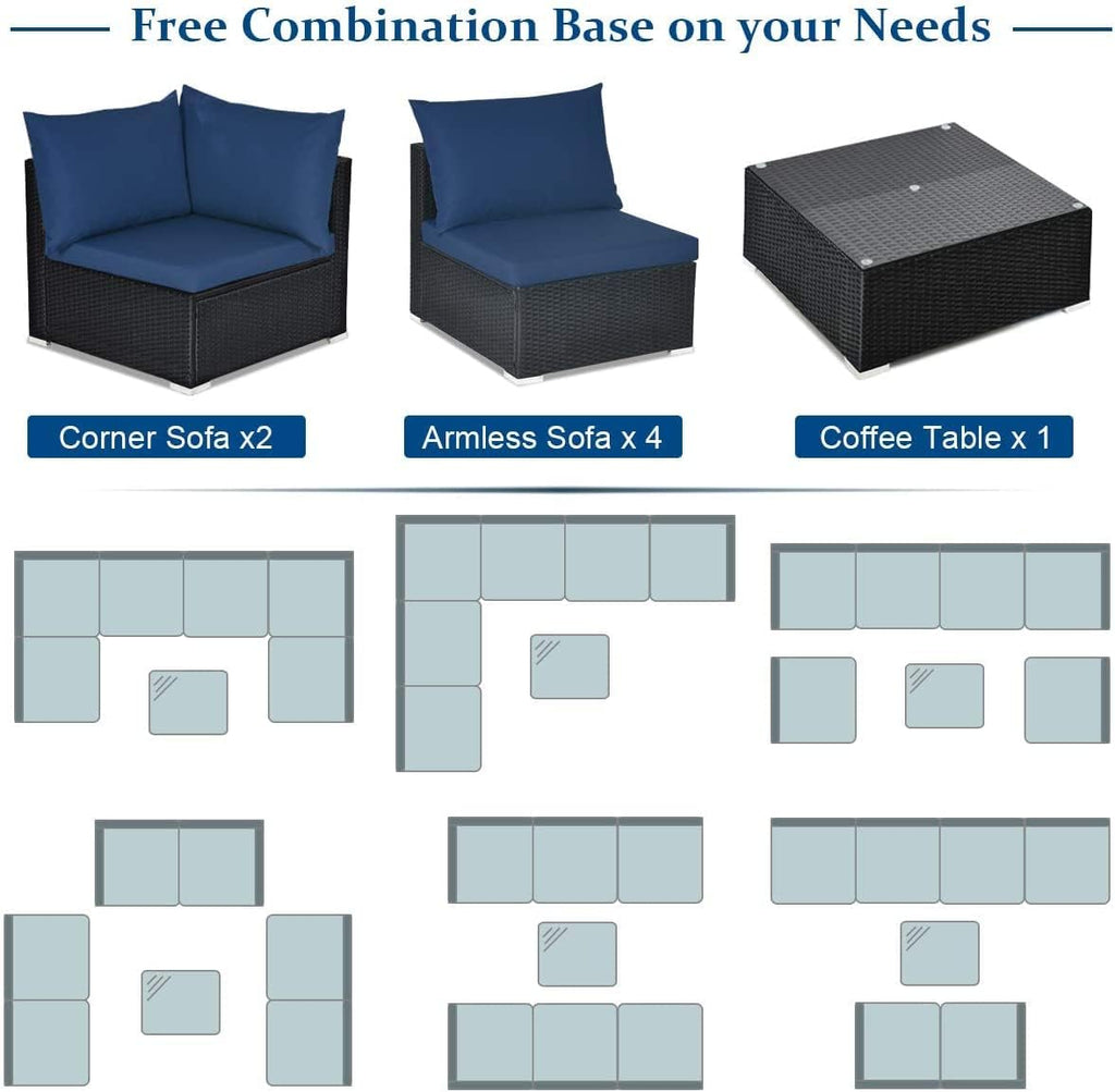HAPPYGRILL 7 PCS Patio Furniture Set Outdoor Rattan Wicker Sectional Sofa Set with Cushions & Pillows & Coffee Table for Garden Lawn