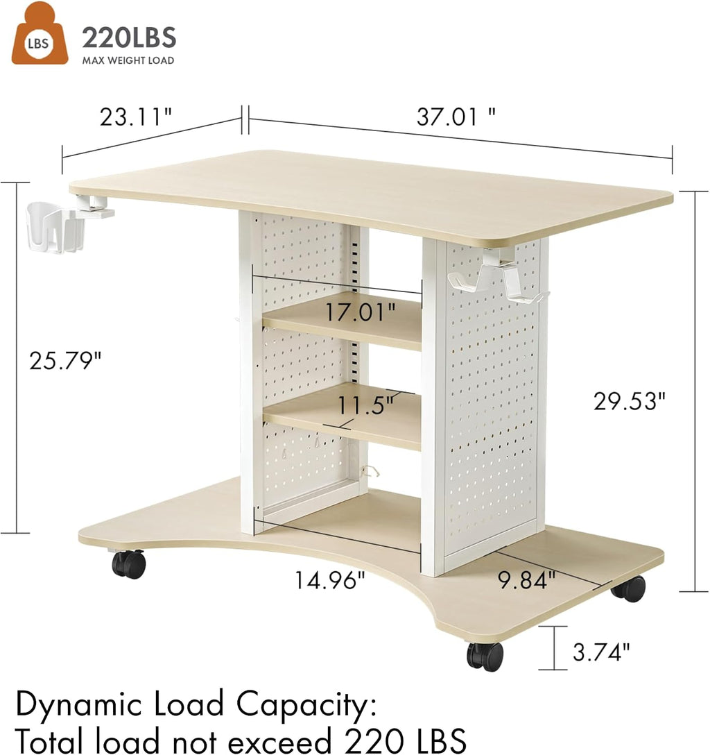EUREKA ERGONOMIC Gaming Desk Computer, 37' Rolling Desk on Wheels for Small Space, Mobile Computer Cart with Pegboards Adjustable Shelves for Gaming PS Switch, Craft Station, Home Office - Maple
