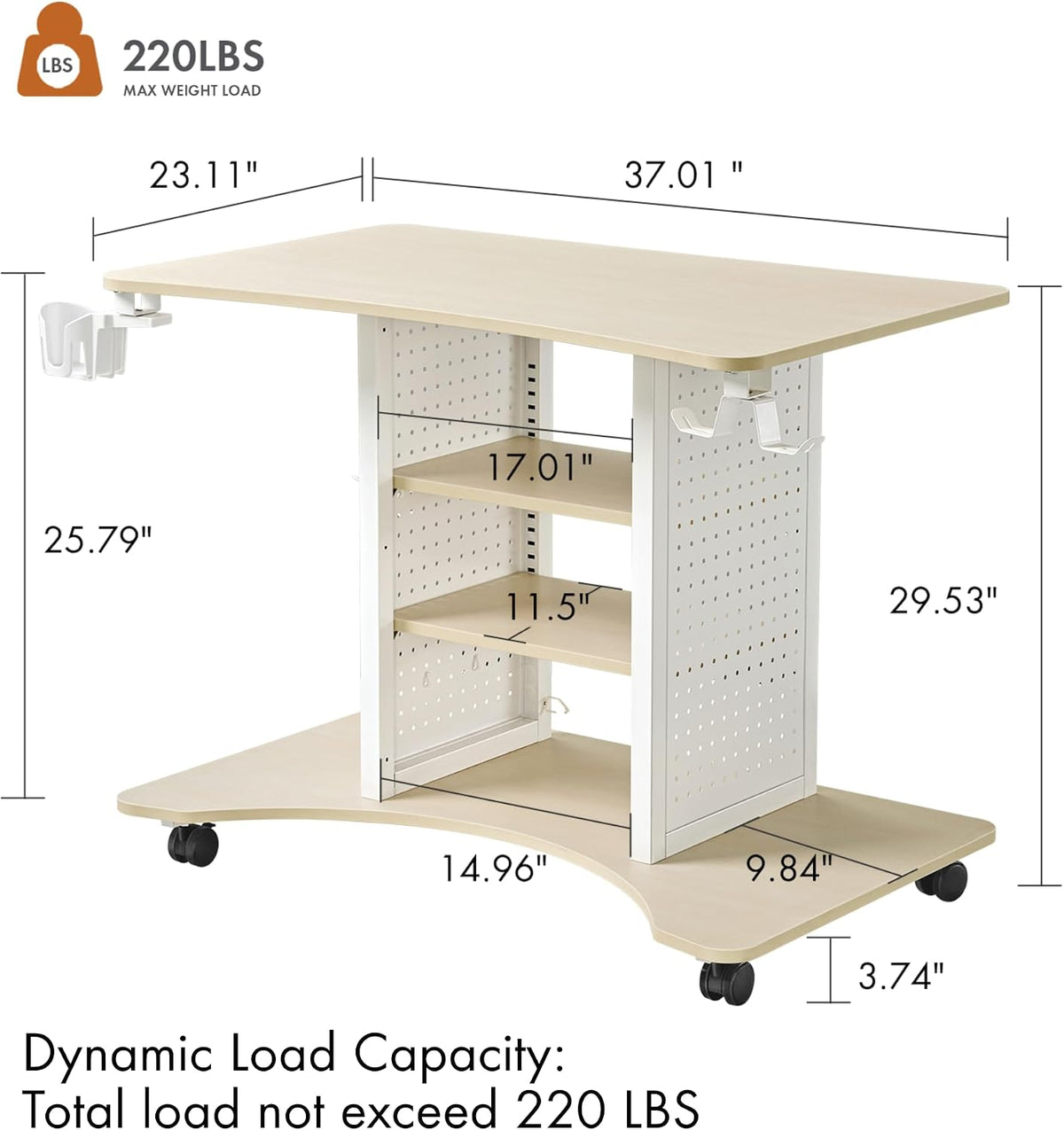 EUREKA ERGONOMIC Gaming Desk Computer, 37' Rolling Desk on Wheels for Small Space, Mobile Computer Cart with Pegboards Adjustable Shelves for Gaming PS Switch, Craft Station, Home Office - Maple