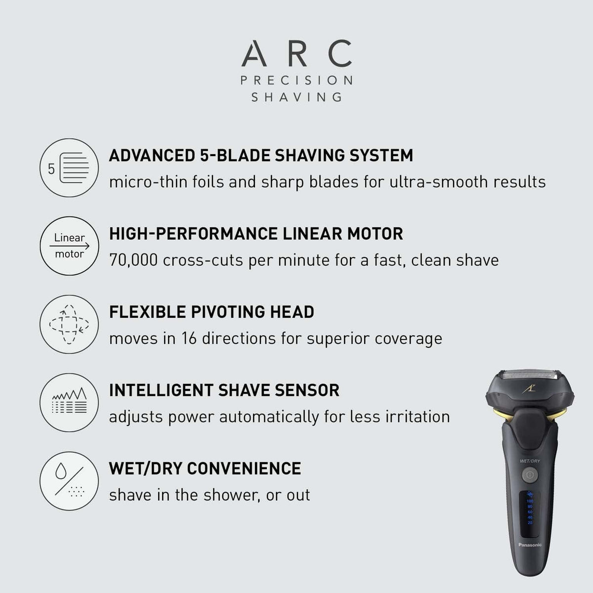 Panasonic ARC5 Electric Razor for Men with Pop-up Trimmer, Wet Dry 5-Blade Electric Shaver with Intelligent Shave Sensor and 16D Flexible Pivoting Head - ES-LV67-K (Black) (Renewed)