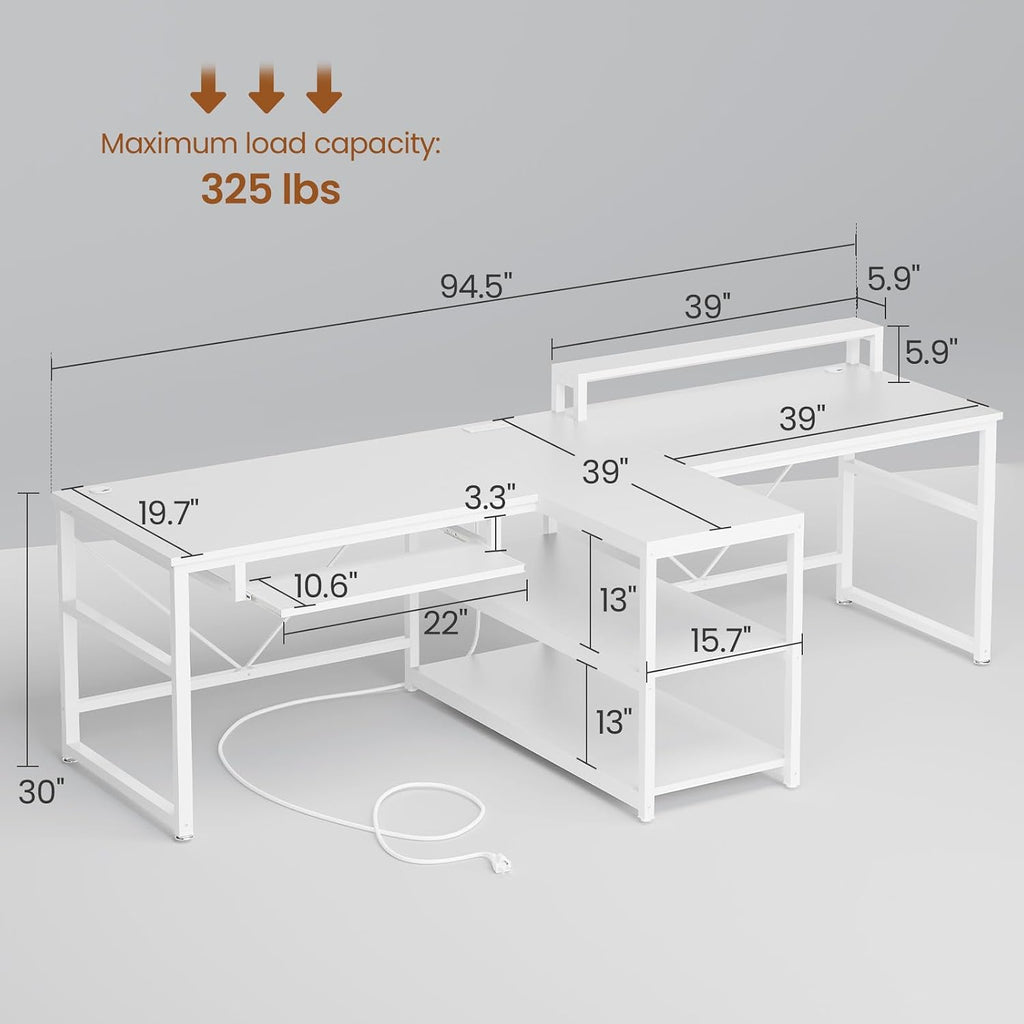 SEDETA 94.5' White Computer Desk, Two Person Gaming Desk with LED Light, Keyboard Tray, Power Strip with USB, Monitor Shelf & Storage, Extra Long Double Desk for Home Office, White