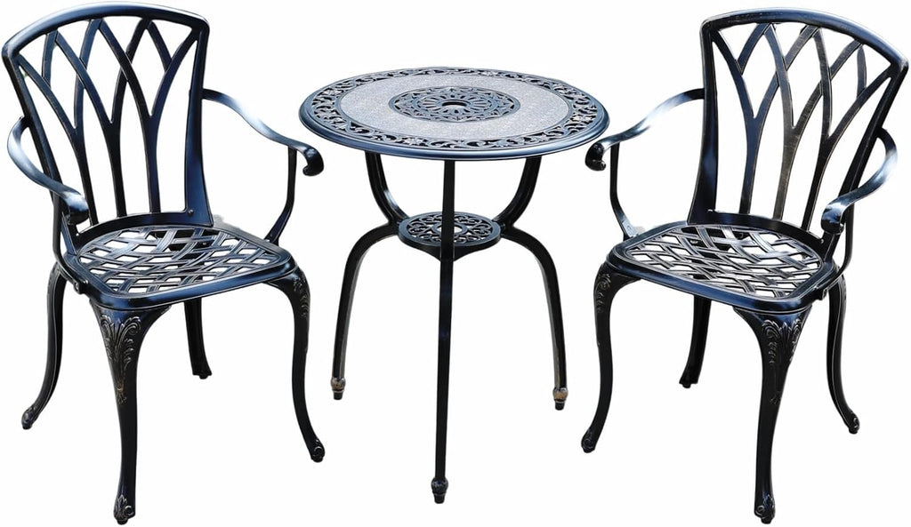 KAILI 3 Piece Bistro Table Set Cast Aluminum Outdoor Patio Furniture with Chair with armrests (Bronzed)