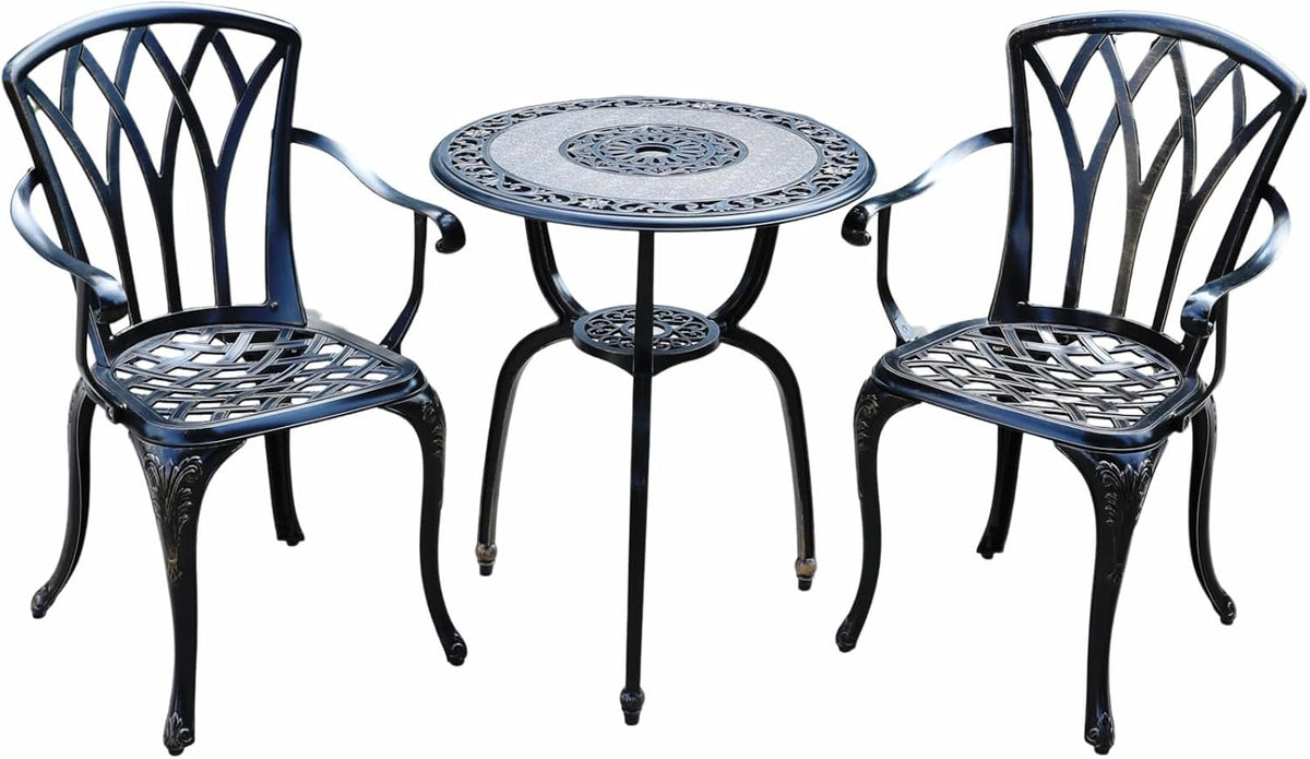 KAILI 3 Piece Bistro Table Set Cast Aluminum Outdoor Patio Furniture with Chair with armrests (Bronzed)