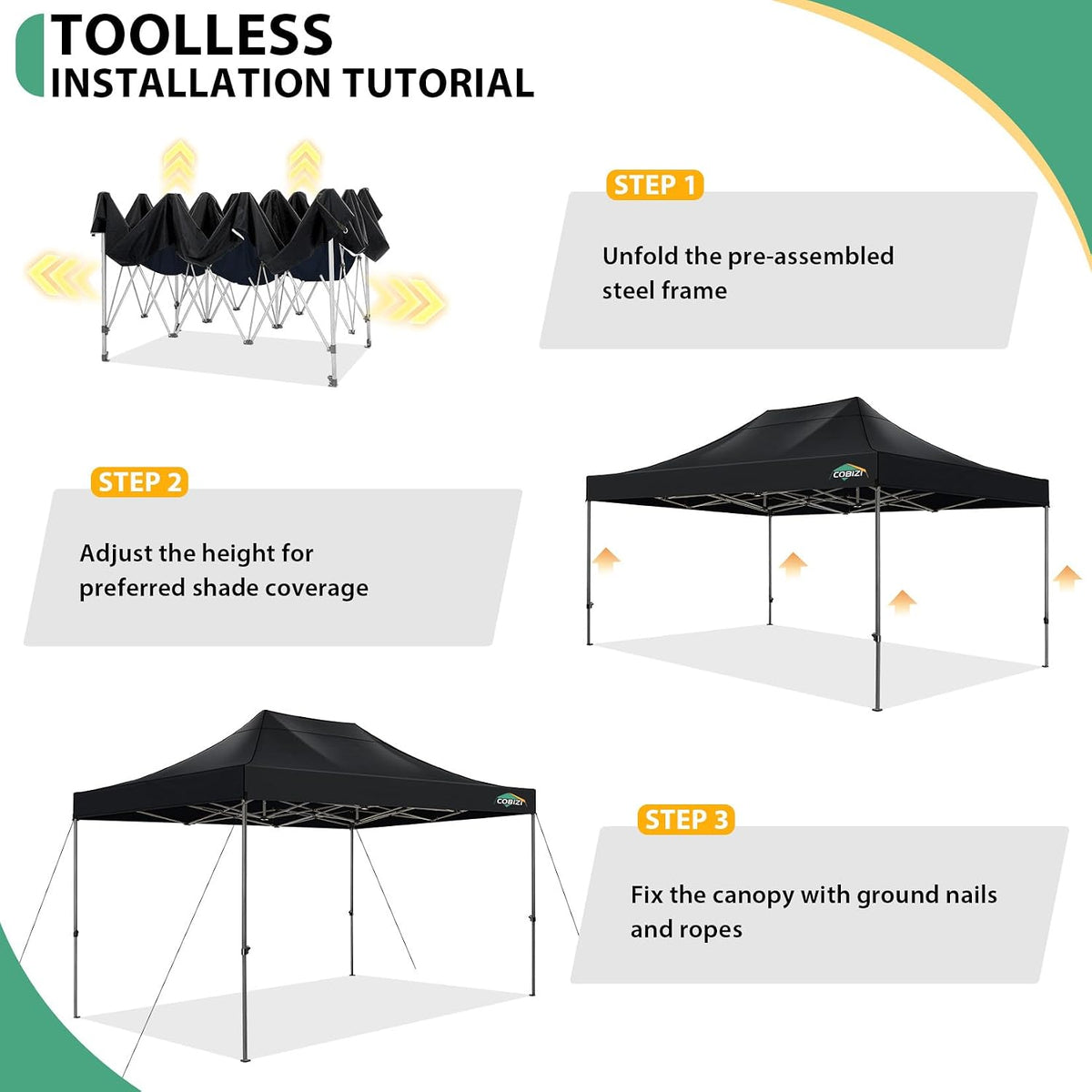 COBIZI 10x15 Heavy Duty Pop Up Canopy Tent with 4 Sidewalls Thicken Frame, Commercial Easy Up Outdoor Wedding Party Tents, All Season Waterproof Windproof with Stakes Sandbags Ropes Bag, Black