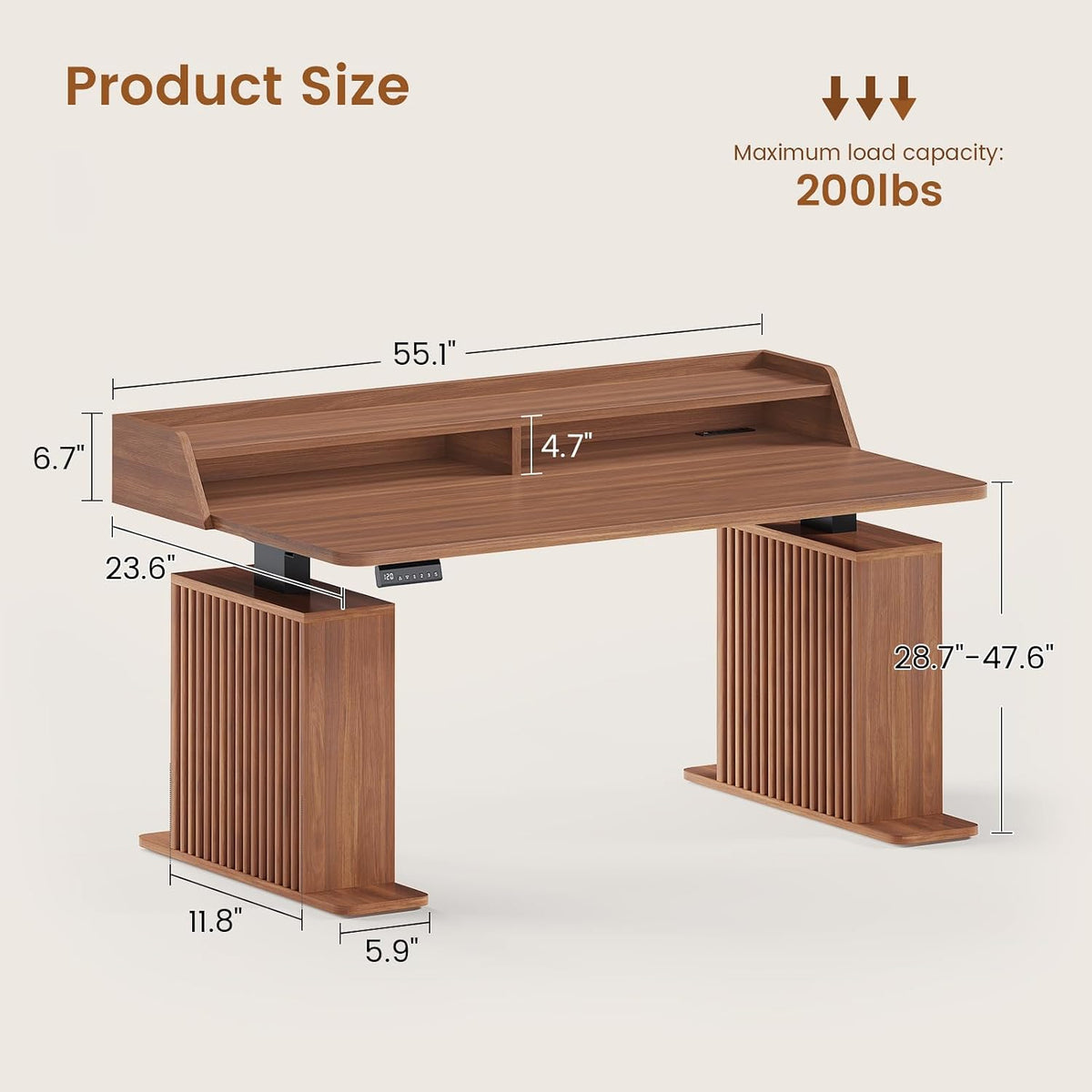 SEDETA Standing Desk with Storage, 55' Fluted Stand Up Desk with Power Outlets and LED Lights, Height-Adjustable Table with Monitor Shelf for Home Office & Gaming, Brown
