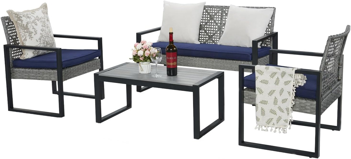 BEEFURNI Wicker Patio Furniture Outdoor Conversation Set of 4, Rattan Outdoor Furniture Set, Acacia Wood Table, 2 Chairs, 1 Loveseat, 2' Cushions, All Weather Set for Patio, Porch, Balcony (Gray)