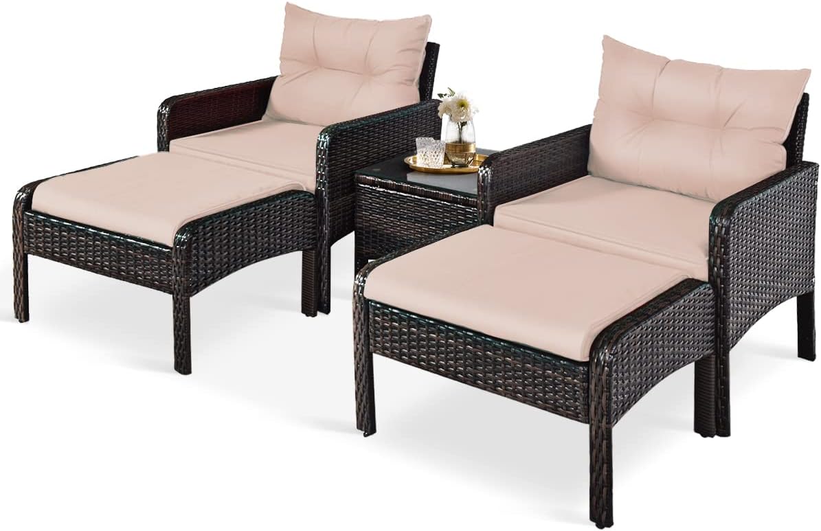 HAPPYGRILL 5-Piece Patio Furniture Set Outdoor Rattan Wicker Conversation Set with Coffee Table Cushioned Sofas and Ottoman Chat Set for Garden Backyard