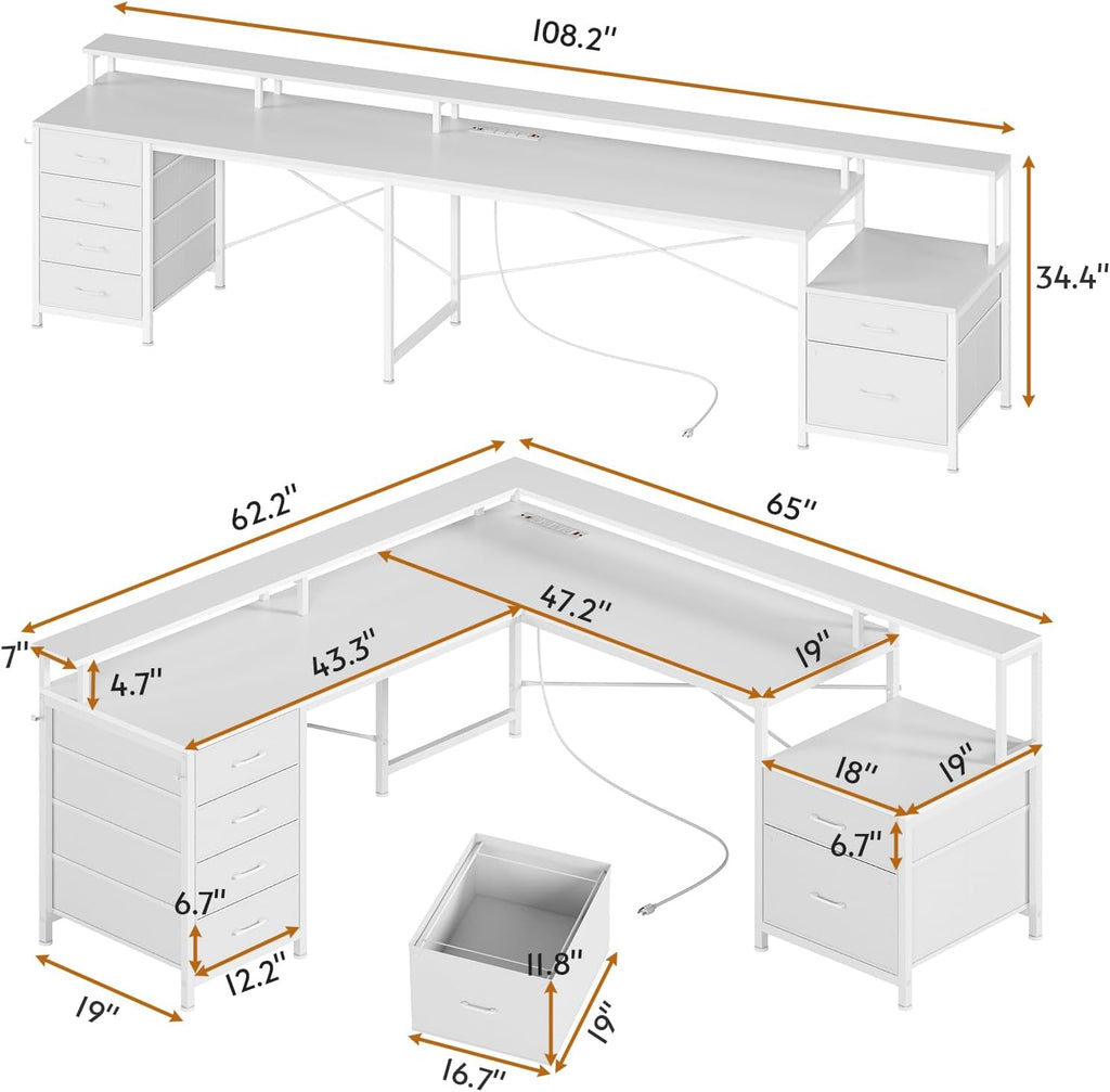 SEDETA L Shaped Desk with 6 Drawer, 108' Home Office Desk with File Drawer & Power Outlet, Corner Computer Desk with Monitor Shelf, File Cabinet, Two Person Desk, Gaming Desk with Led Lights, White