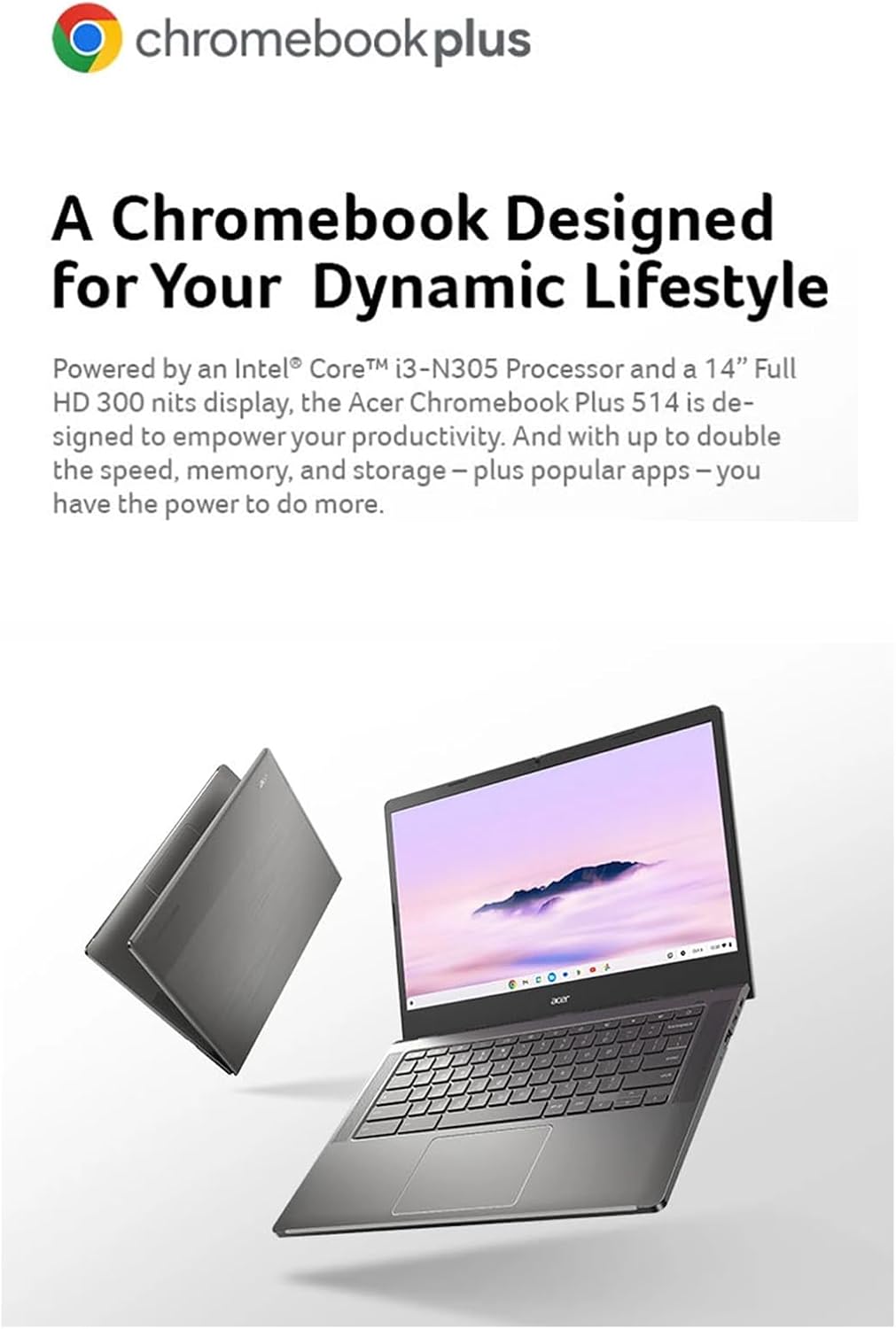 Acer Chromebook Plus 14' FHD Touchscreen Laptop, Intel Core i3-N305 8-Core, Intel UHD Graphics, 8GB LPDDR5 RAM 512GB SSD, WiFi 6E, FHD Camera, Chrome OS, Google AI, Mouse, Protective Sleeve Included
