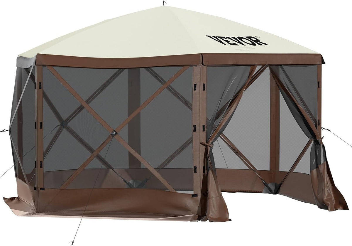 VEVOR Pop Up Gazebo Screen Tent, Pop-Up Instant Gazebo Tents with Mosquito Netting Outdoor Canopy, 6 Sided Sun Shelter 10x10ft with 6 Removable Wind Cloths & 2 Mesh Windows, Pavilion Tent for Patio