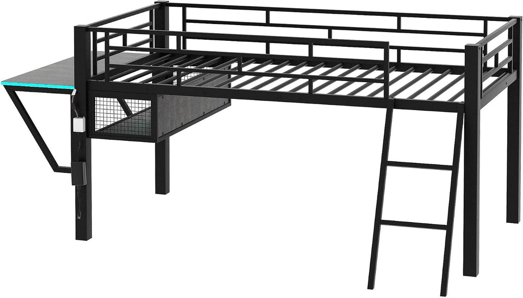 Bellemave Twin Loft Bed with Desk, Gaming mid loft Bed with Desk, LED for Adults, Teens, Kids, Black