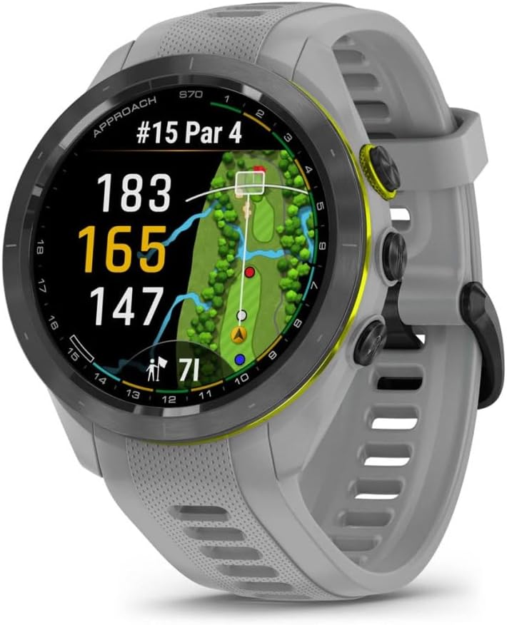 Garmin Approach S70 42MM Gray- Fitness Tracker Golf GPS Premium Smartwatch for Men, Lightweight Touchscreen AMOLED Display and Pre-Loaded Courses Bundle with Air Pro TWS Truly Wireless Earbuds -