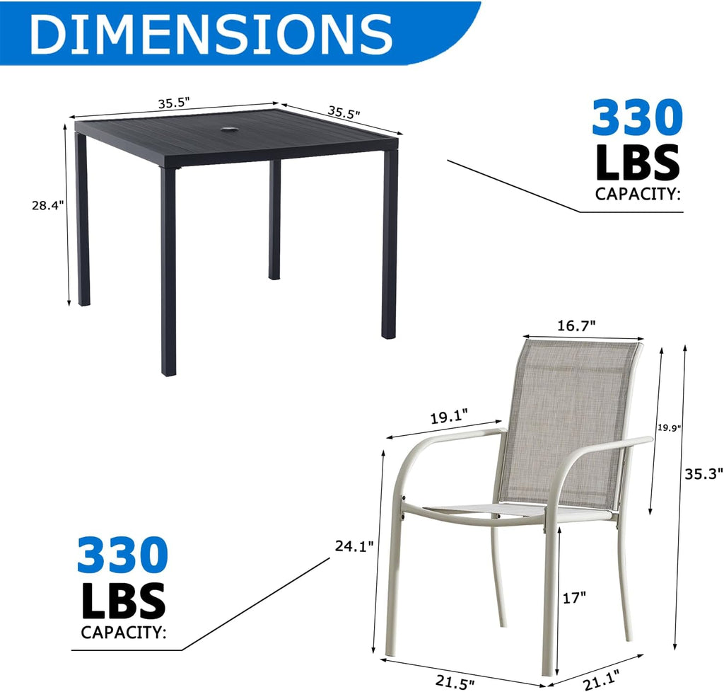 5-Piece Outdoor Dining Set, 35.5' Square Metal Patio Table with Grey Chairs, Black Table with Umbrella Hole for Garden, Yard, Patio