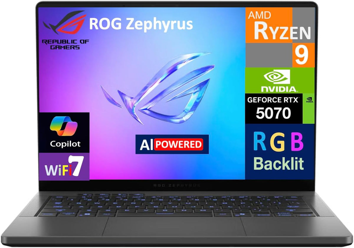 ASUS ROG Zephyrus G14 AI Gaming Laptop 14.0' 120Hz Display (AMD Ryzen 9 270, GeForce RTX 5070 8GB, 32GB LPDDR5X, 4TB PCIe SSD, RGB Keyboard, WiFi 7, Webcam, Win 11 Pro) w/DKZ USB Port Expander