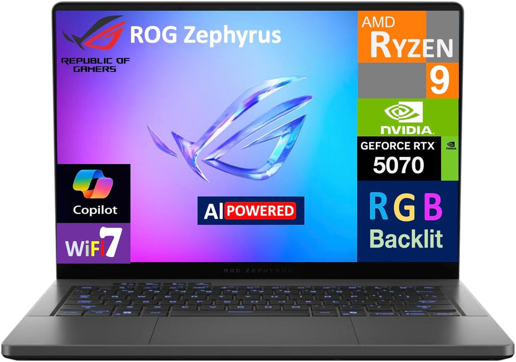 ASUS ROG Zephyrus G14 AI Gaming Laptop 14.0' 120Hz Display (AMD Ryzen 9 270, GeForce RTX 5070 8GB, 32GB LPDDR5X, 2TB PCIe SSD, RGB Keyboard, WiFi 7, Webcam, Win 11 Home) w/DKZ USB Port Expander