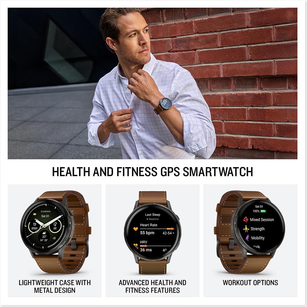 Garmin 010-03014-03 Venu 4, 45 mm Smartwatch, Slate with Black Band and Brown Leather Band Bundle with Deco Essentials Exclusive 26 Month CPS Enhanced Protection Pack