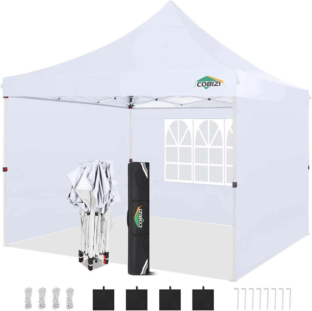 COBIZI 10x10 Pop Up with 3 Sidewalls, Canopy Tent 10x10 for Parties, Backyard, Commercial, Waterproof and Portable Instant Shelter UV50+ Outdoor Canopy Gazebo with 4 Sandbags(White)