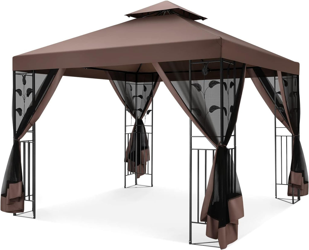 COBIZI Gazebo 10x10 Heavy Duty Gazebo with Improved Nettings Outdoor Gazebo Canopy Double Roof Patio Gazebo with Metal Steel Frame Gazebo Tent for Patio, Deck, Backyard (Brown, Nettings, New Model)