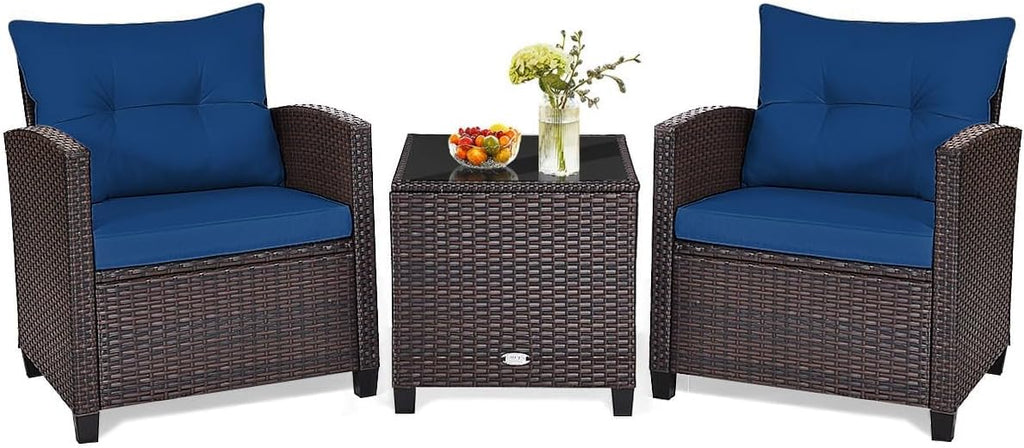 HAPPYGRILL 3 Pieces Patio Conversation Set, Outdoor Furniture Set PE Rattan Sofa Set with Removable Cushions, PE Wicker Chairs with Tempered Glass Side Table for Porch Lawn Garden Balcony Backyard