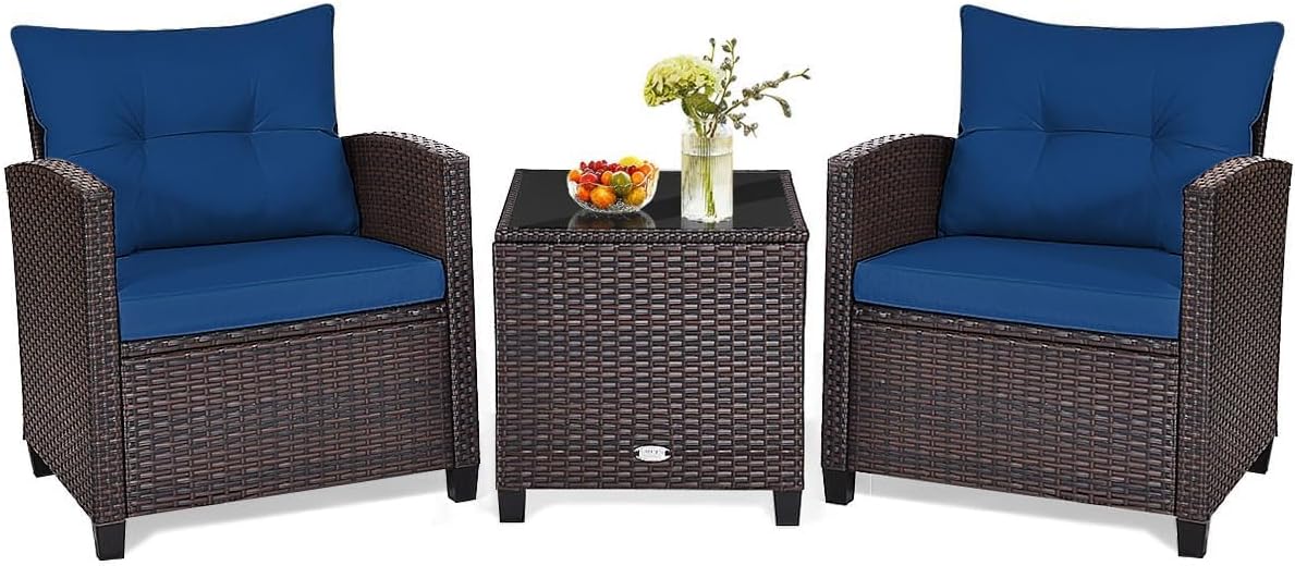 HAPPYGRILL 3 Pieces Patio Conversation Set, Outdoor Furniture Set PE Rattan Sofa Set with Removable Cushions, PE Wicker Chairs with Tempered Glass Side Table for Porch Lawn Garden Balcony Backyard