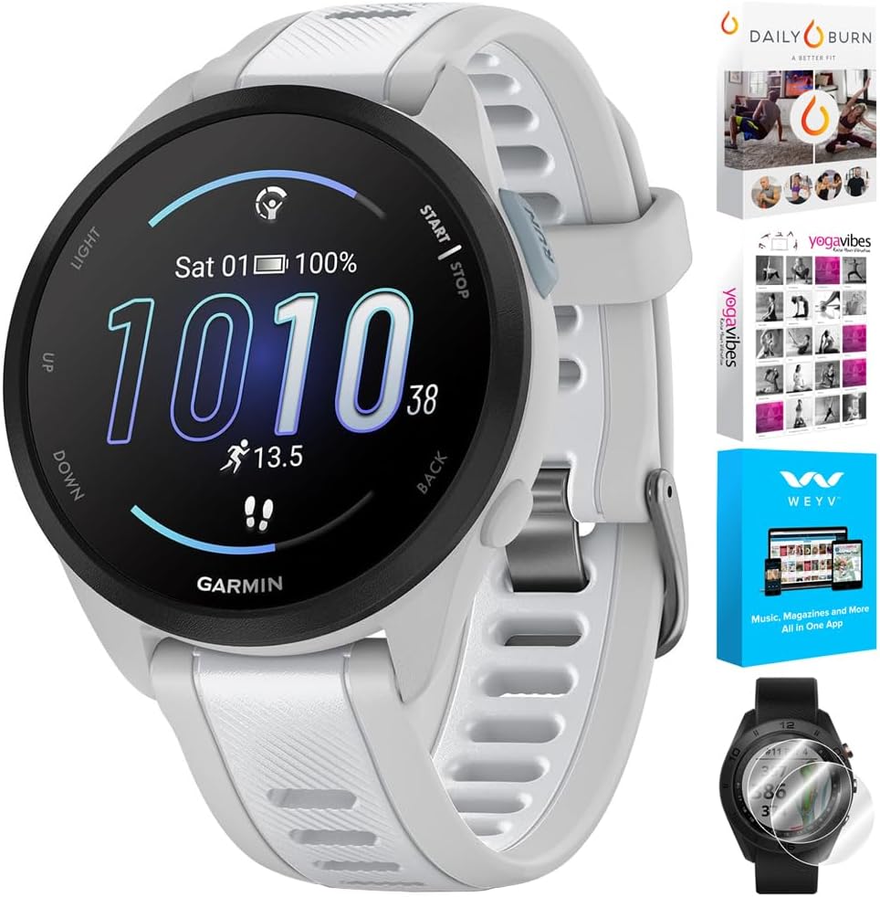 Garmin 010-02863-21 Forerunner 165 Smart Sport Watch, Mist Gray + Whitestone | Official USA Partner Model | Bundle with Deco Essentials 2-Pack Screen Protector + Fitness & Wellness Suite