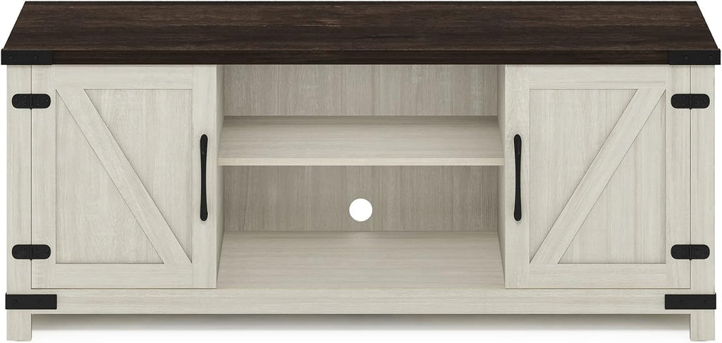 Furinno Jensen Farmhouse Barn Door Living Room TV Stand with Storage Cabinets for TV up to 70 Inch, Ebony/White Wash