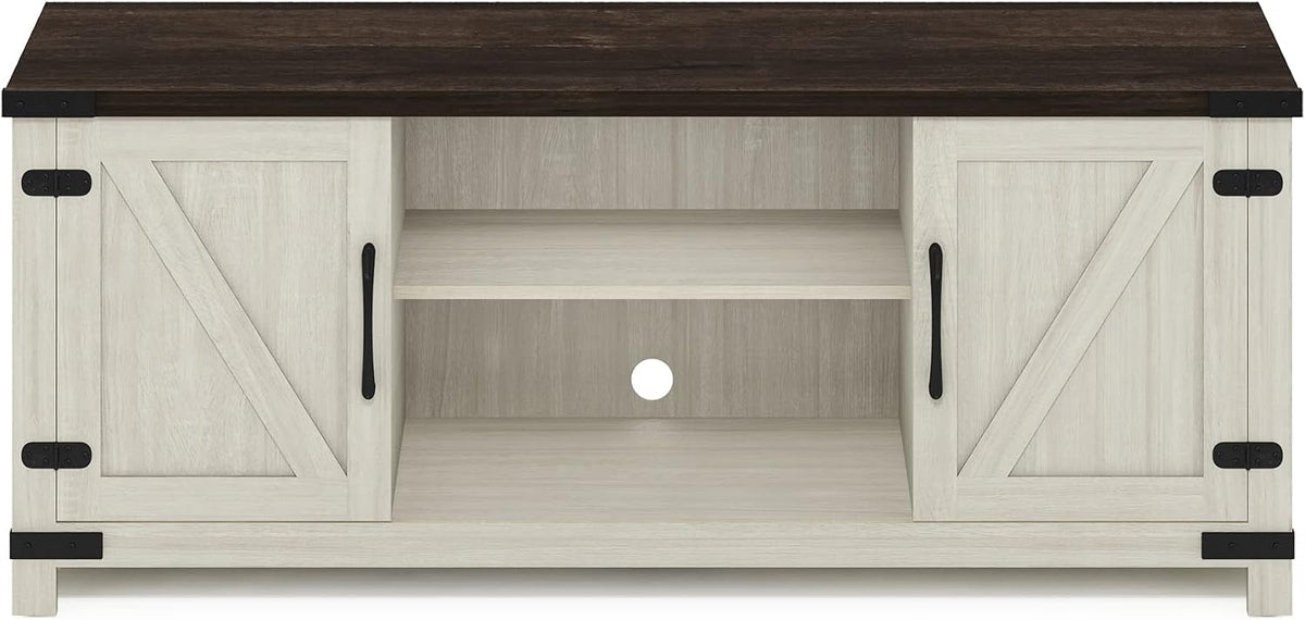 Furinno Jensen Farmhouse Barn Door Living Room TV Stand with Storage Cabinets for TV up to 70 Inch, Ebony/White Wash