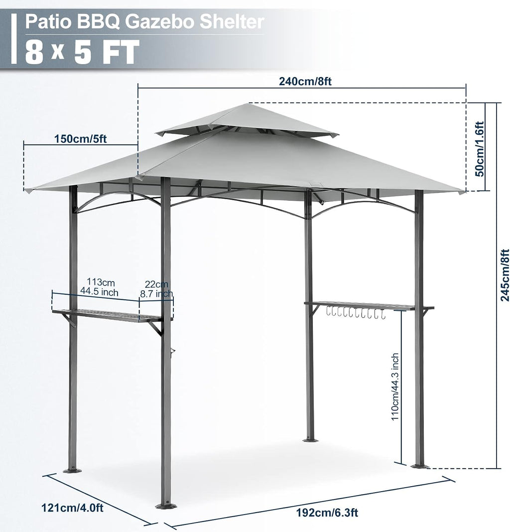 COBIZI 8x5 Grill Gazebo, BBQ Gazebo Shelter, Outdoor Canopy with LED Lights and Two Bar Counters, Double Tiered for Gray