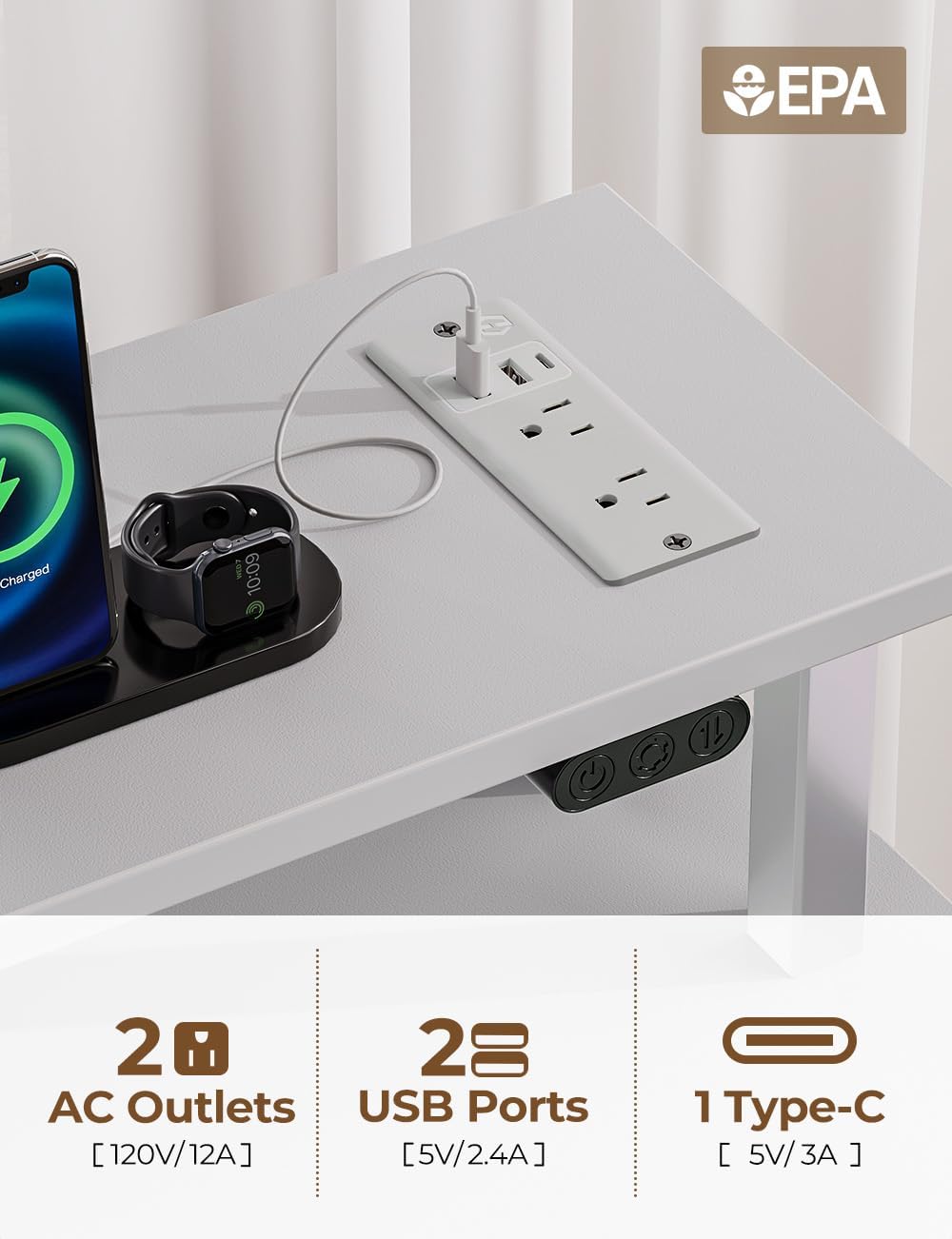 Seventable Computer Desk with Power Outlets & LED Light, 47 inch Home Office Desk with 5 Drawers, Writing Desk with Monitor Stand, Work Desk for Home Office, White