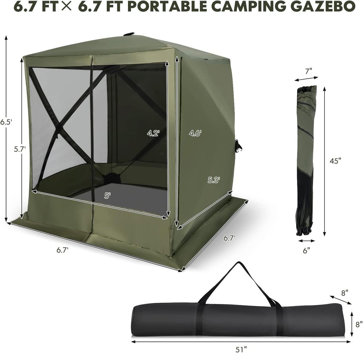 Tangkula 6.7x6.7 Ft Pop Up Gazebo with Netting, Portable Screen Tent with 4 Sided Mesh Walls, 2 Sunshade Cloths, UV 50+ Instant Canopy Shelter with Carry Bag for Camping, Lawn, Backyard