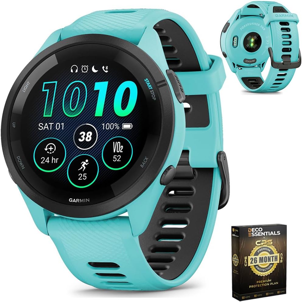 Garmin 010-02810-02 Forerunner 265 GPS Smartwatch Aqua/Black | Official USA Partner Model | Bundle with Deco Essentials Exclusive CPS 26 Month Protection Pack