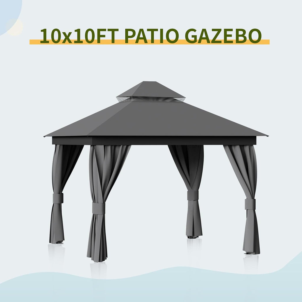 10'X10' Outdoor Patio Gazebo - Double Roofs Party Tent Gazebos with Mosquito Net and Privacy Screens Heavy Duty Steel for Backyard, Garden, Deck - Grey