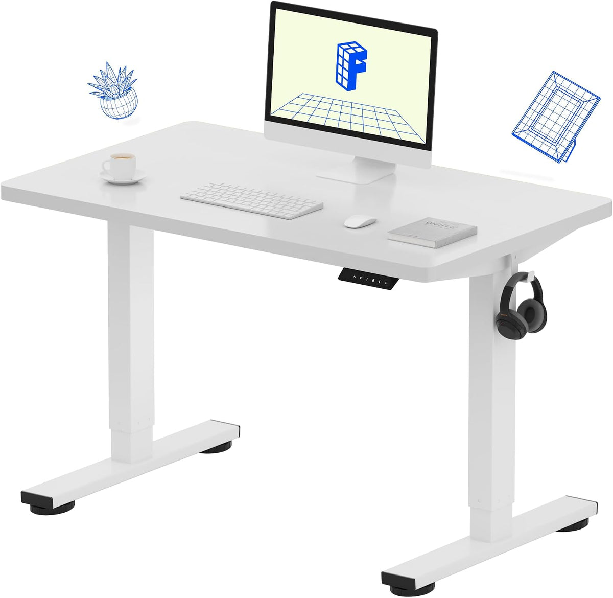 FLEXISPOT EN1 One-Piece Standing Desk, 40'x24' Seamless Desktop Electric Height Adjustable Desk for Home Office, Multi-Monitor Setups & Easy Assembly, White