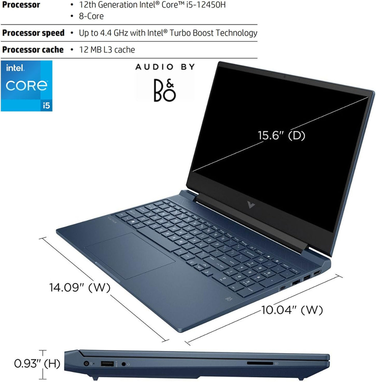 HP Victus 15.6 i5 Gaming Laptop, 15.6' FHD 1920*1080 144Hz, Intel Core i5-12450H, NVIDIA GeForce RTX 3050, 32GB RAM, 1TB SSD, Backlit KB, Touchpad, SD Card Reader, Webcam, HDMI, Wi-Fi 6, W11 H, Blue