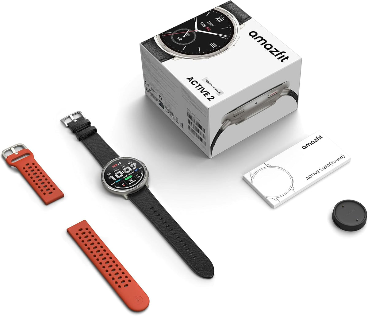 Amazfit Active 2 Premium Smart Watch Fitness Tracker (Round) for Android & iPhone, 10 Day Battery, Water Resistant, GPS Maps, Heart & Sleep Monitor, HYROX Mode, Sapphire Glass, Leather + Sport Strap
