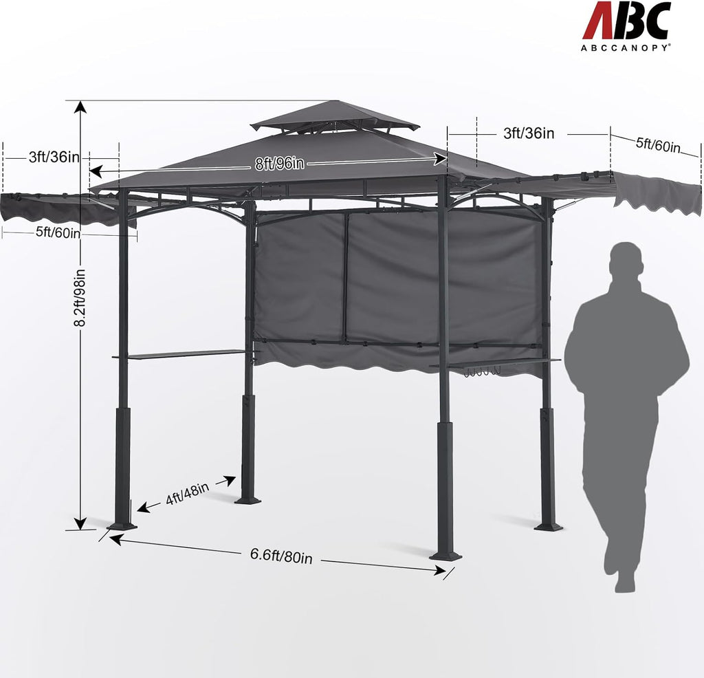 ABCCANOPY Grill Gazebo with Extra Awning on Three Sides - 5'x14' Outdoor Grill Canopy BBQ Gazebo Barbecue Canopy with LED Lights for Backyard, Lawn and Patio (Dark Gray)