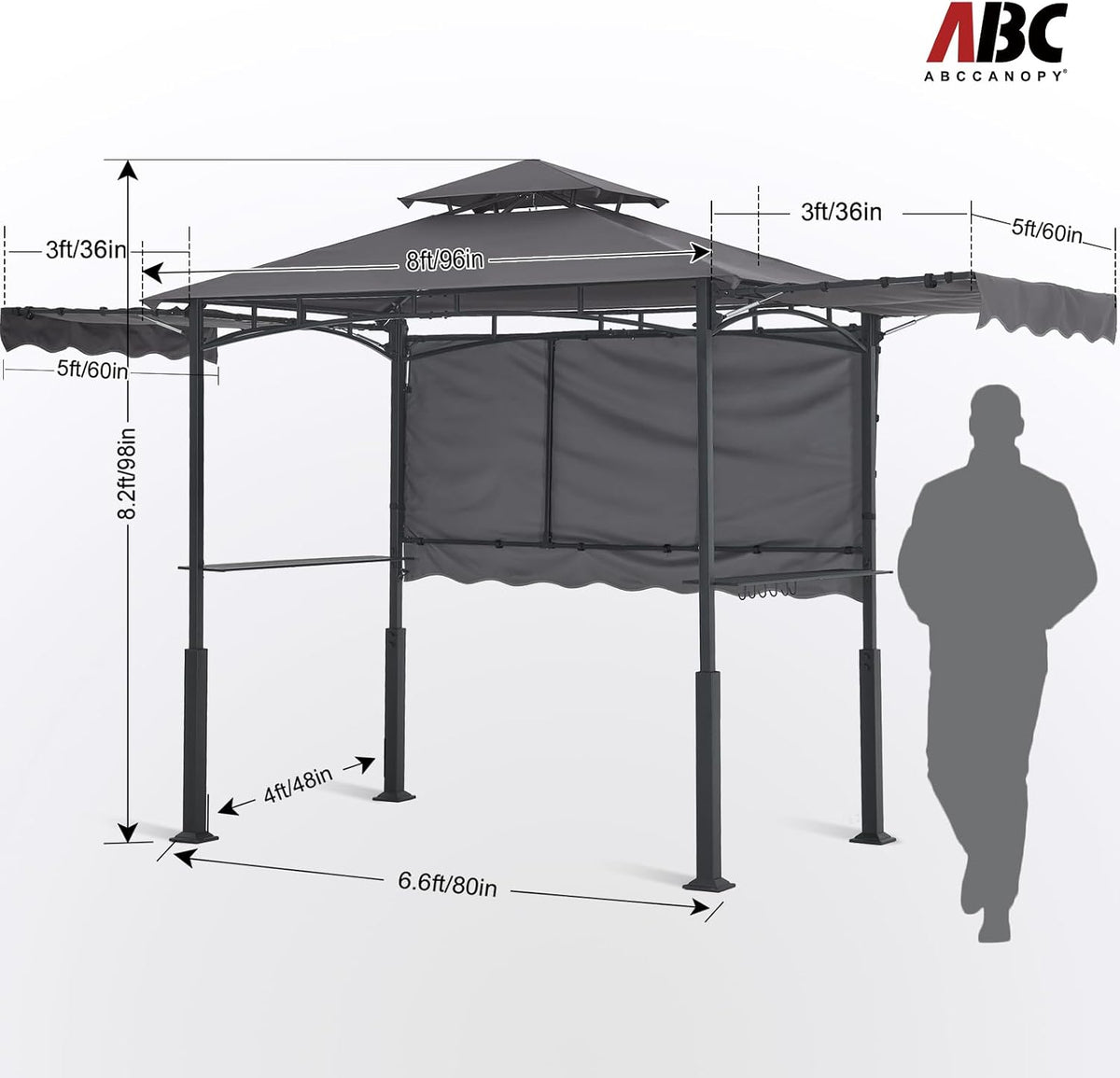 ABCCANOPY Grill Gazebo with Extra Awning on Three Sides - 5'x14' Outdoor Grill Canopy BBQ Gazebo Barbecue Canopy with LED Lights for Backyard, Lawn and Patio (Dark Gray)