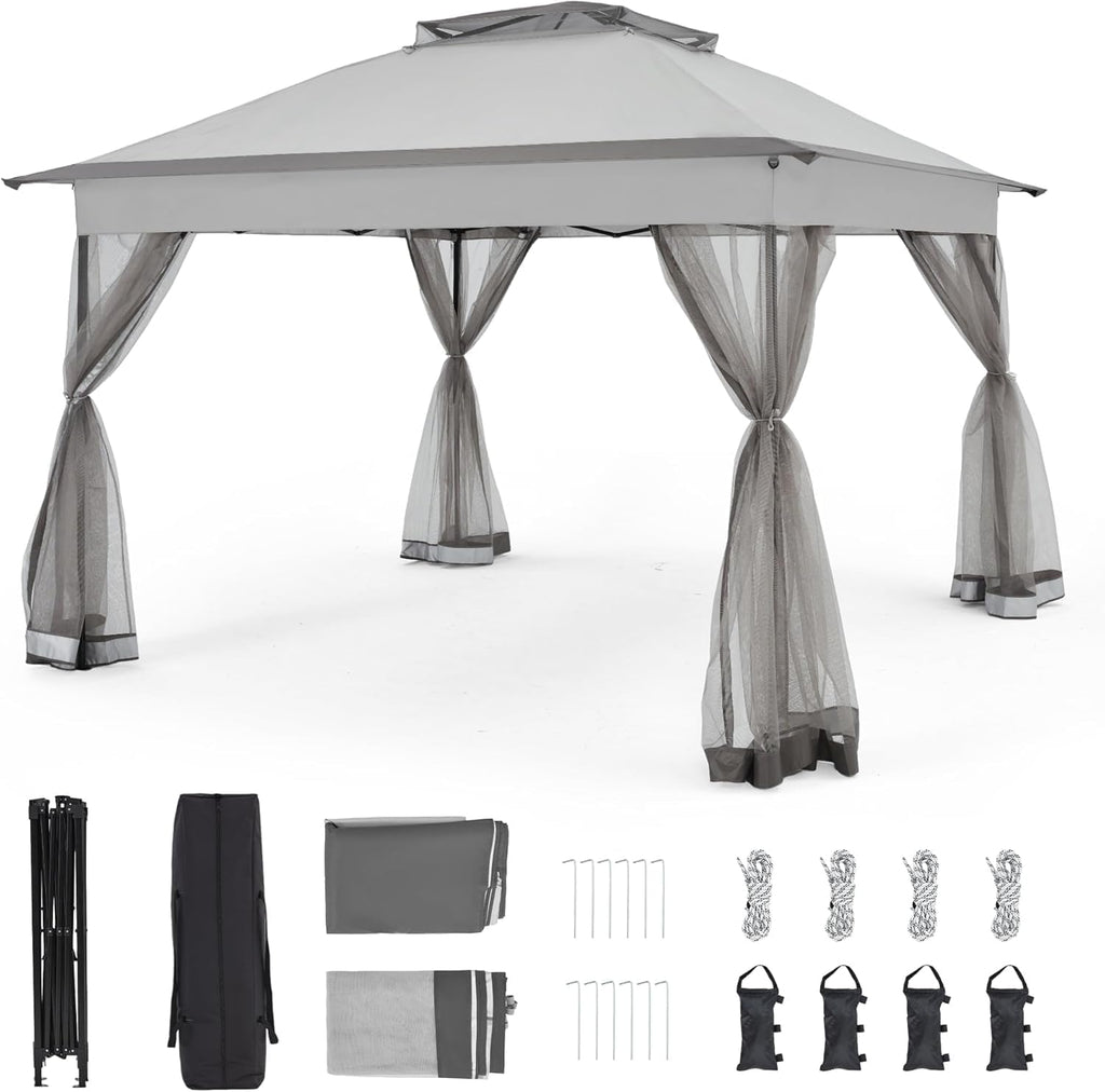 Bezseller 11x11 Pop Up Gazebo with Mosquito Netting, Easy 1-Person Setup Outdoor Canopy, Water-Resistant Portable Shelter for Patio, Backyard & Garden, UV Protection, Light Grey