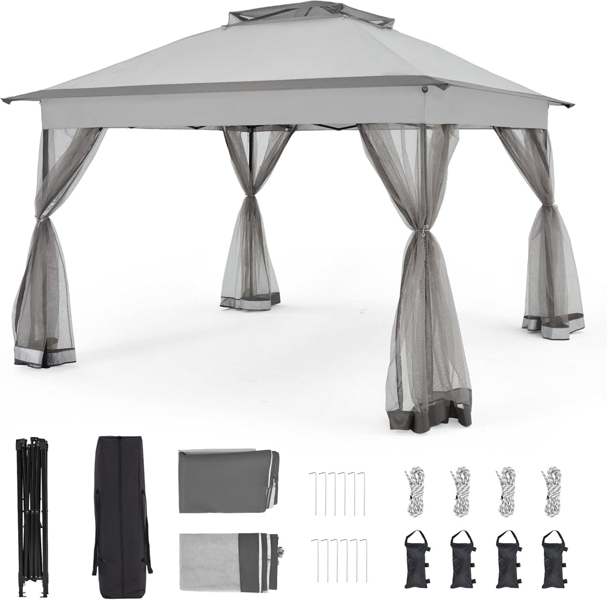 Bezseller 11x11 Pop Up Gazebo with Mosquito Netting, Easy 1-Person Setup Outdoor Canopy, Water-Resistant Portable Shelter for Patio, Backyard & Garden, UV Protection, Light Grey
