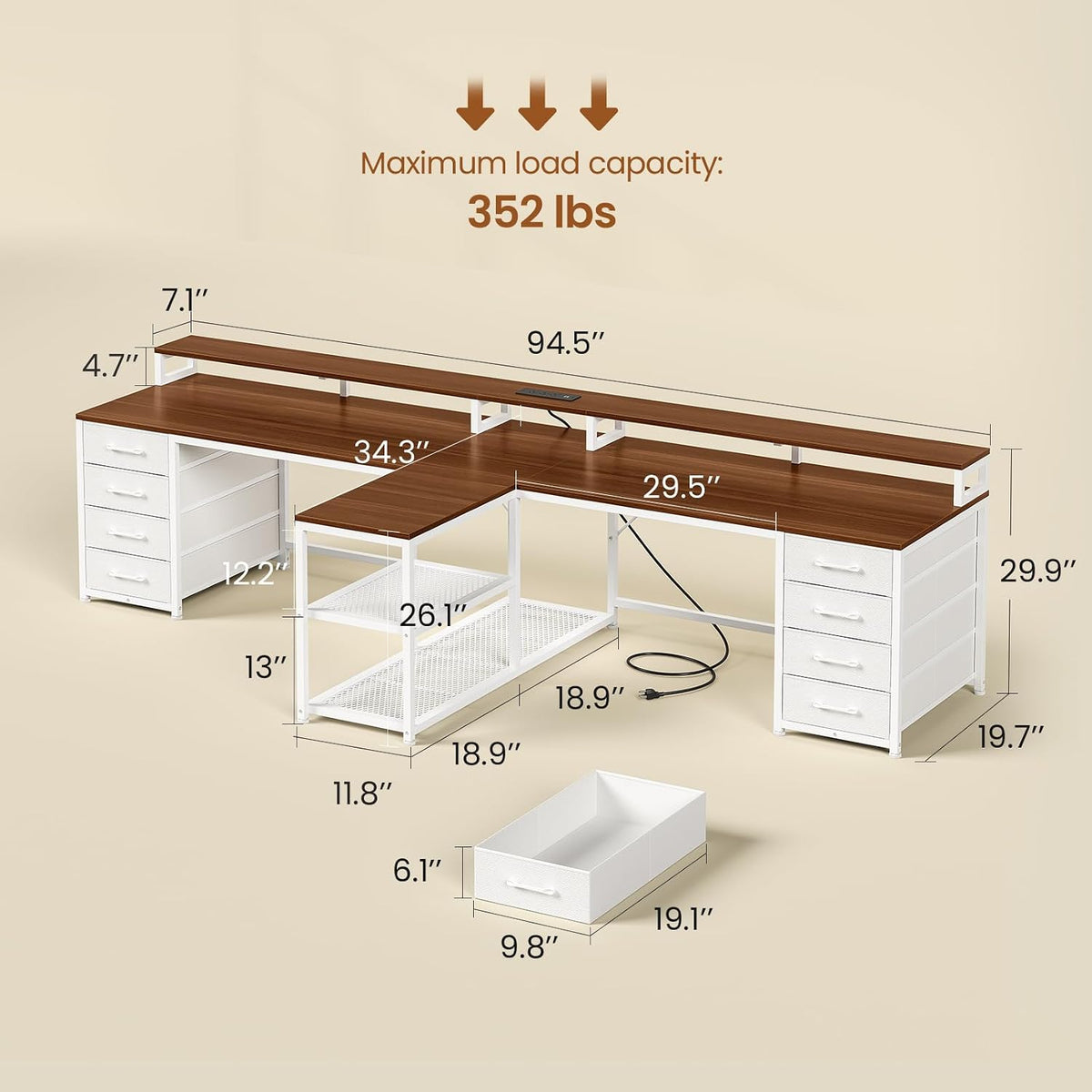 SEDETA 94.5' 2 Person Gaming Desk, Long Office Computer Desk with 8 Drawers & LED Light, Two Person Desk with Storage, Power Strip & Monitor Shelf for Home Office, Brown+White