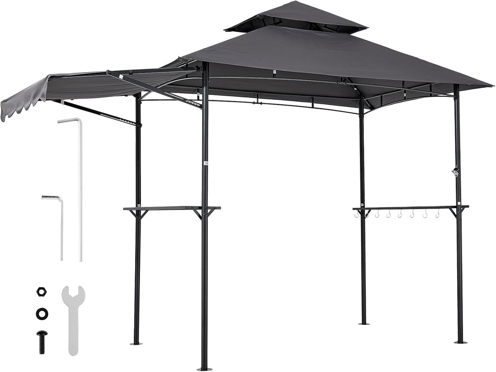 VEVOR Grill Gazebo, 8 x 5 ft Double-Tiered Top, BBQ Gazebo with Extra Awning, Powder-Coated Steel Patio Grill Shelter with 2 Side Shelves, Bottle Opener & Hooks, Outdoor Grilling Canopy for Garden