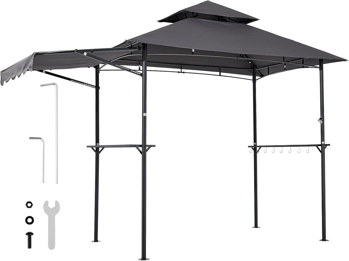VEVOR Grill Gazebo, 8 x 5 ft Double-Tiered Top, BBQ Gazebo with Extra Awning, Powder-Coated Steel Patio Grill Shelter with 2 Side Shelves, Bottle Opener & Hooks, Outdoor Grilling Canopy for Garden